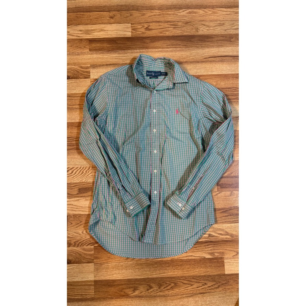 Ralph Lauren Classic Fit Mens 15.5 34/35 Green Pink Plaid Button Down Shirt